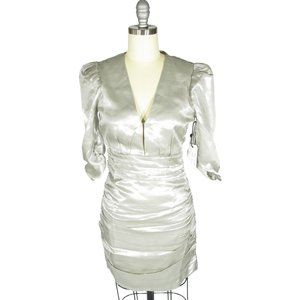 SAYLOR Size XS "Madonna" Silver Ruched Deep V Puff Sleeve Cocktail Party Dress